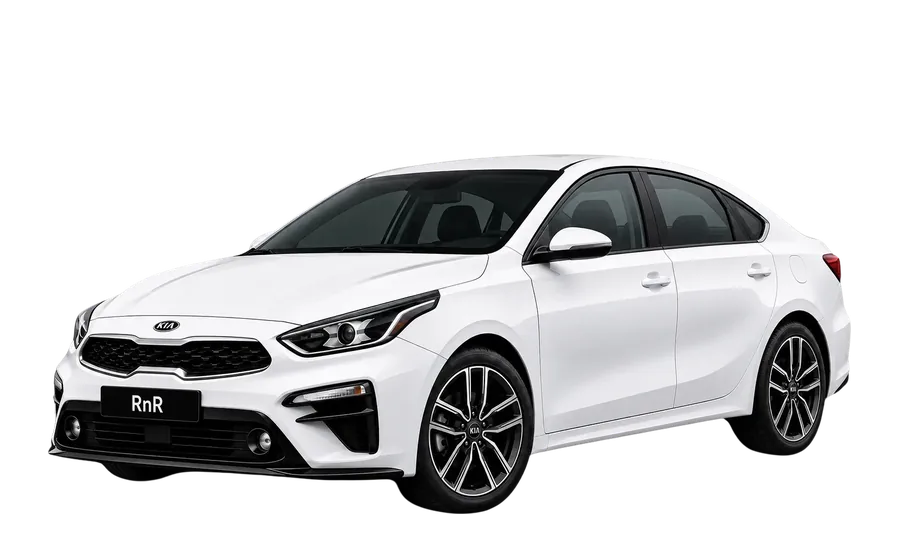 Kia sedan in Roll & Ride livery, viewed from the front left