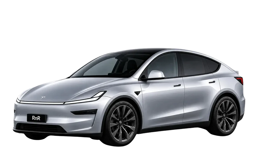 Silver Tesla SUV in Roll & Ride livery, viewed from the front left