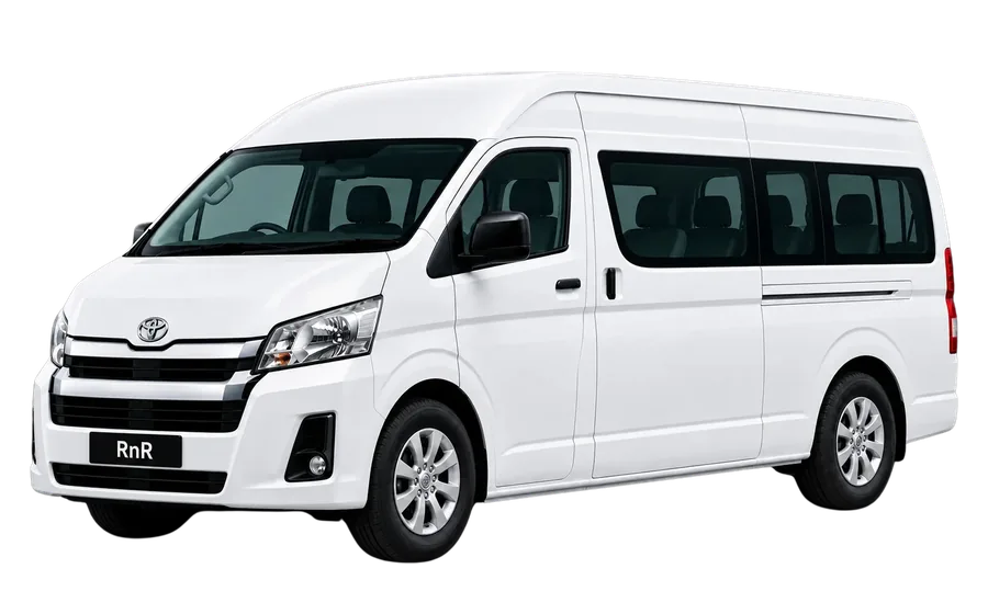 Toyota HiAce people mover in Roll & Ride livery, viewed from the front left